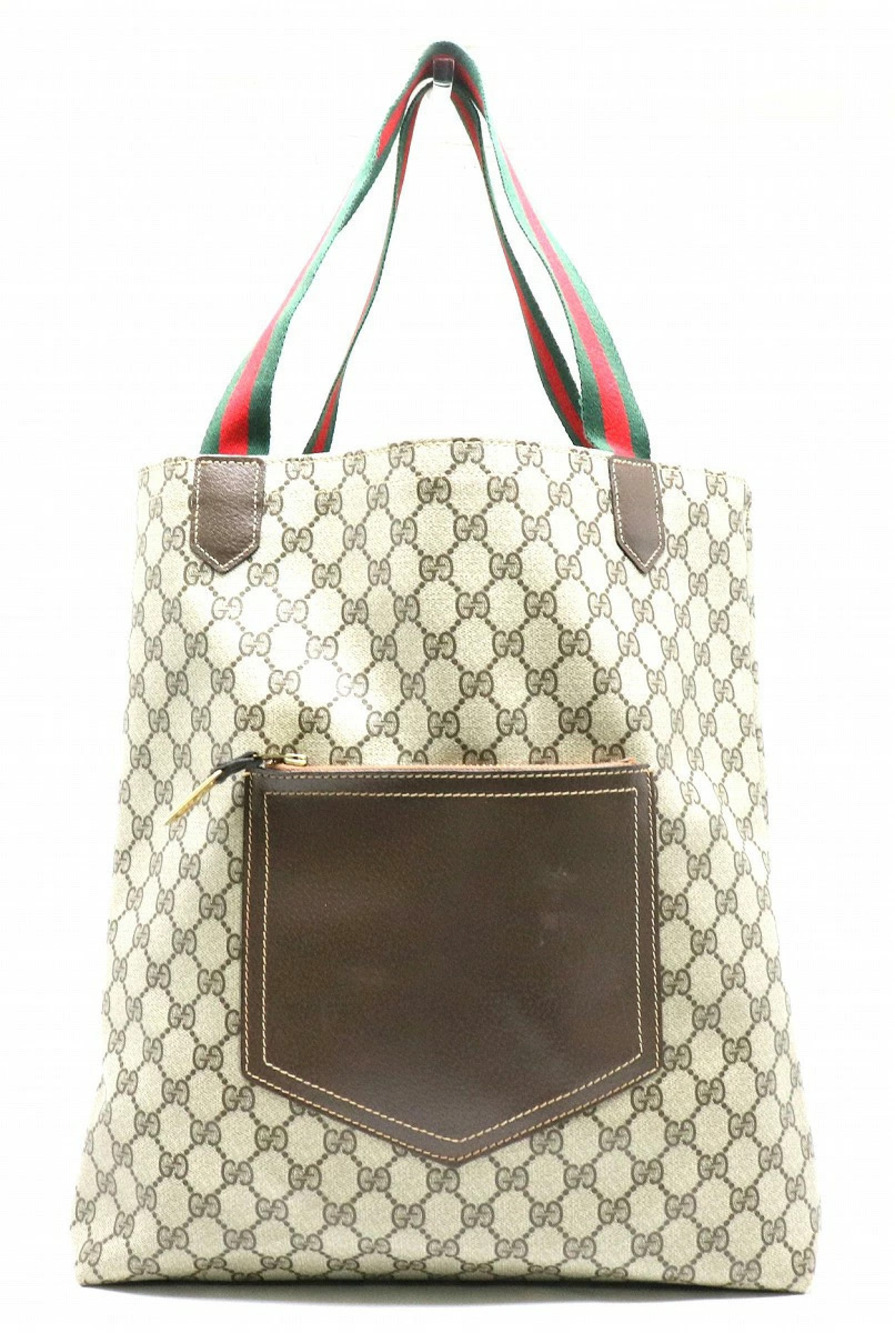 Gucci GG Supreme Plus Sherry Tote Bag Shoulder Leather Beige Brown Cream Brown